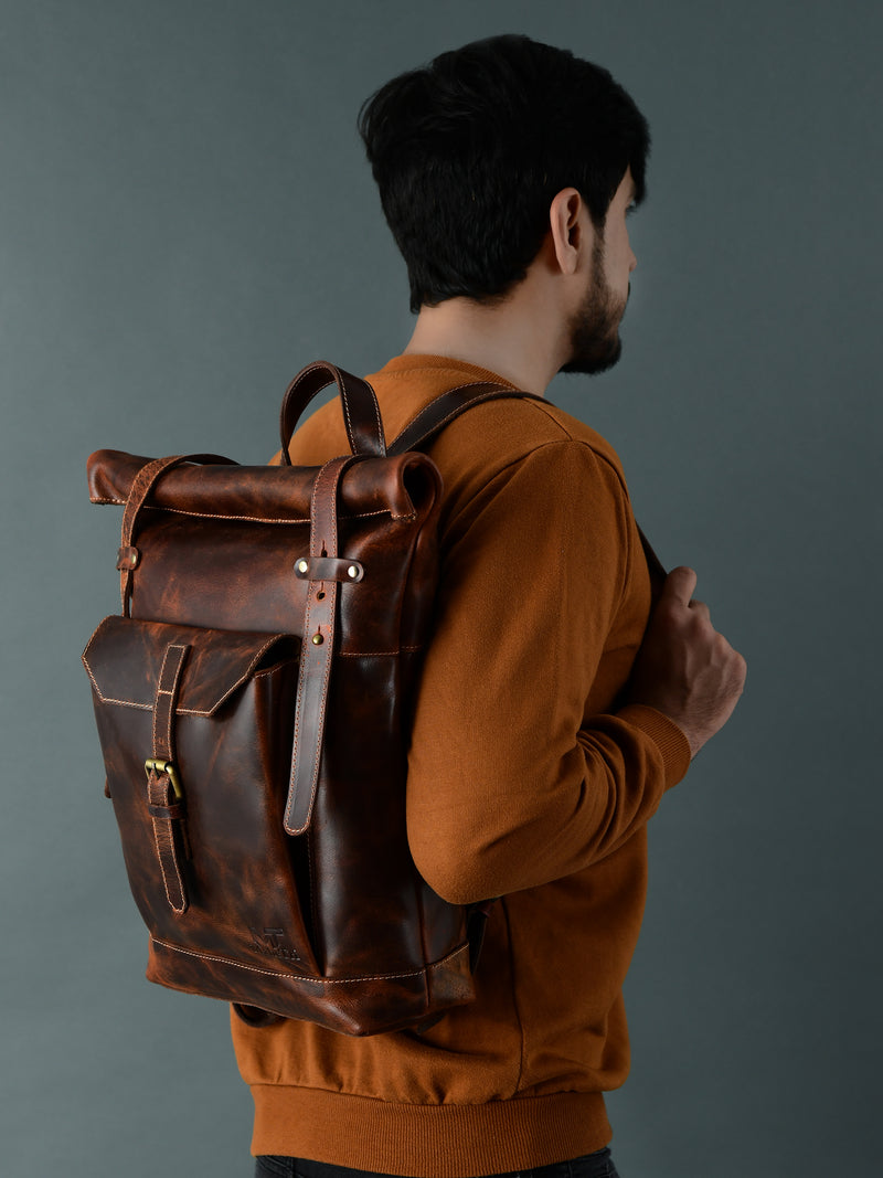 Brown Saddleback Roll Top Buffalo Leather Backpack- 16Inch — Classy Leather Bags