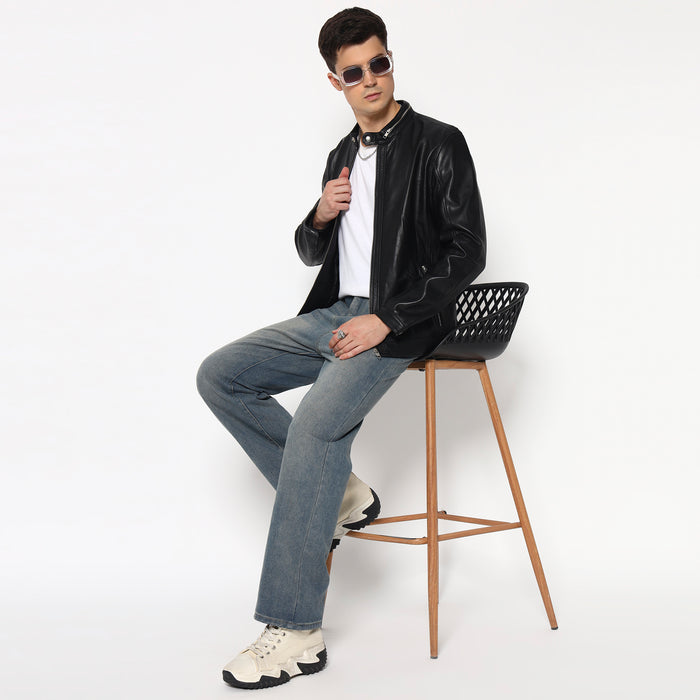 Stylish Men’s Black Bomber Leather Jacket