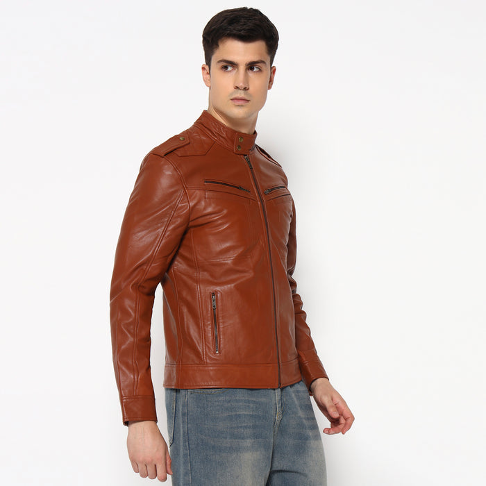 Men Brown Genuine Leather Biker Jacket — Classy Leather Bags