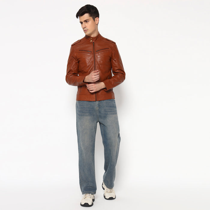 Men Brown Genuine Leather Biker Jacket