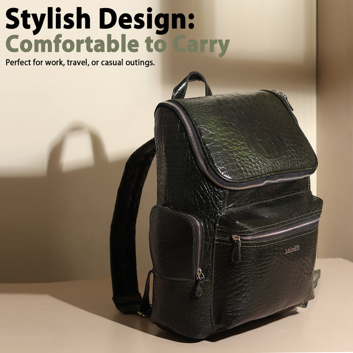 Crocodile Texture Leather Backpack, Dark Green