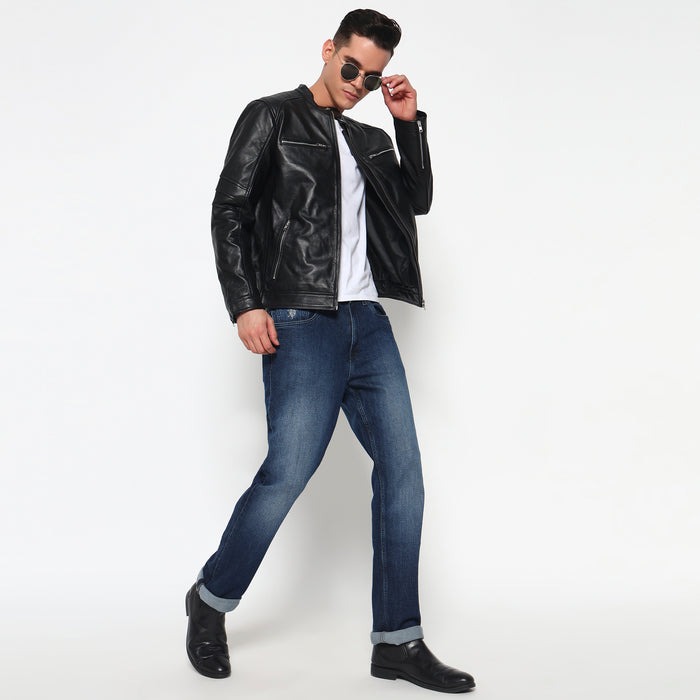 Phantom Black Leather Bomber Jacket