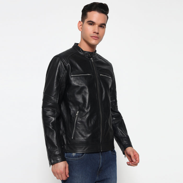 Phantom Black Leather Bomber Jacket