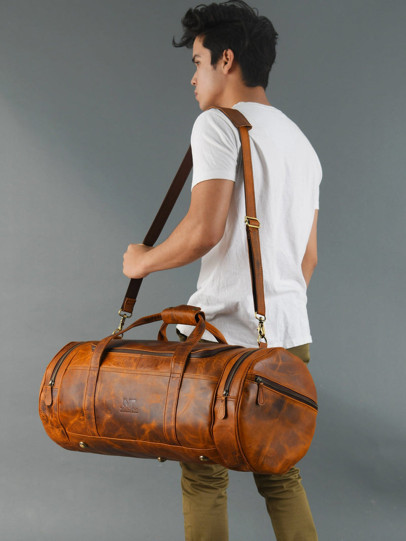 bag for men travel Leather Gym Travel Bag, Round Shape, Buffalo Leather — Classy Leather Bags