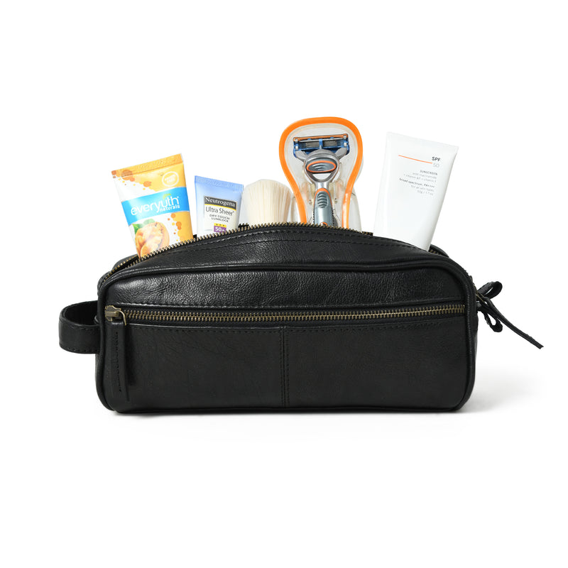 deluxe toiletry travel bag black Black Handcrafted Midnight Deluxe Toiletry Bag-Twin Section — Classy Leather Bags