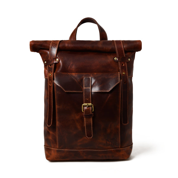 Brown Saddleback Roll Top Buffalo Leather Backpack- 16Inch — Classy Leather Bags