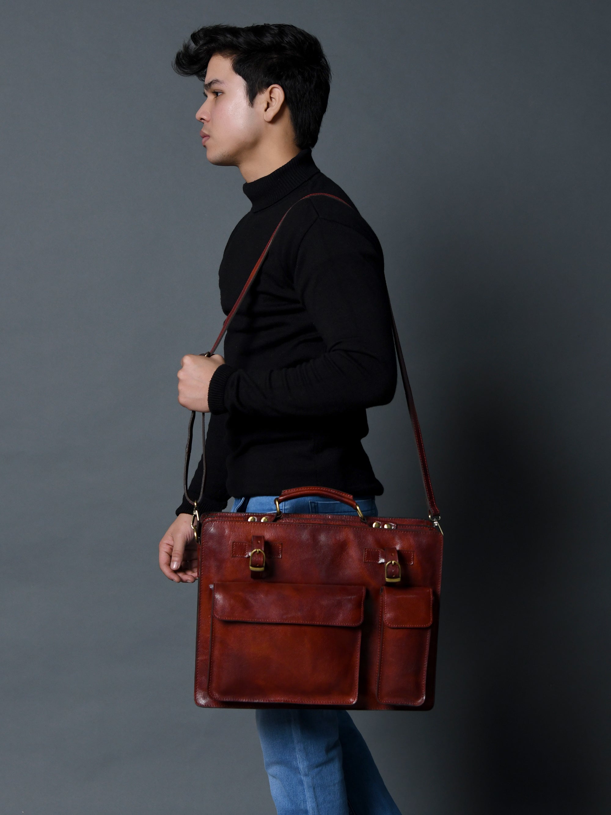 Leather Briefcase, Crossbody Bag Handcrafted with Grain Buffalo