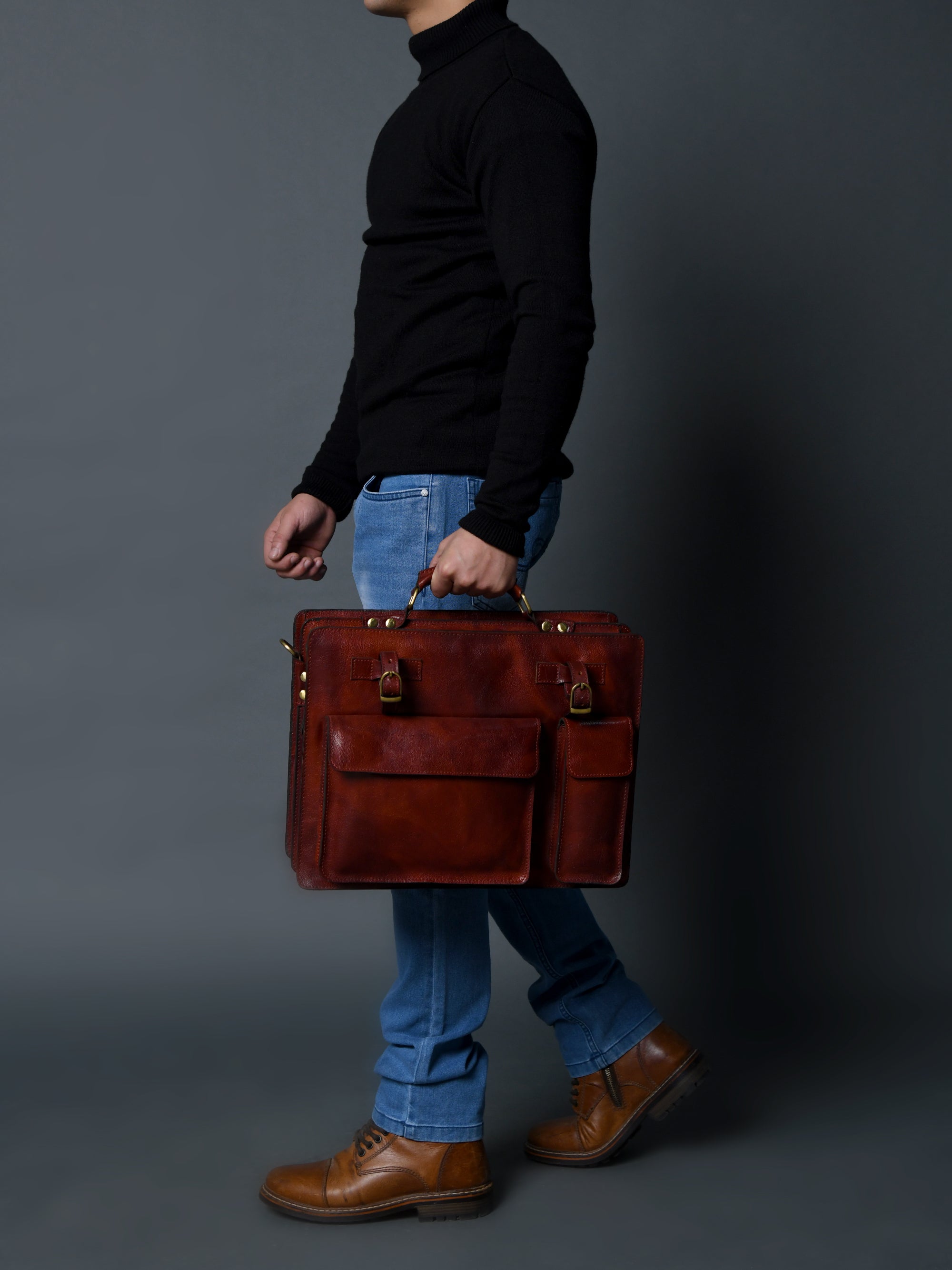 Leather Briefcase, Crossbody Bag Handcrafted with Grain Buffalo