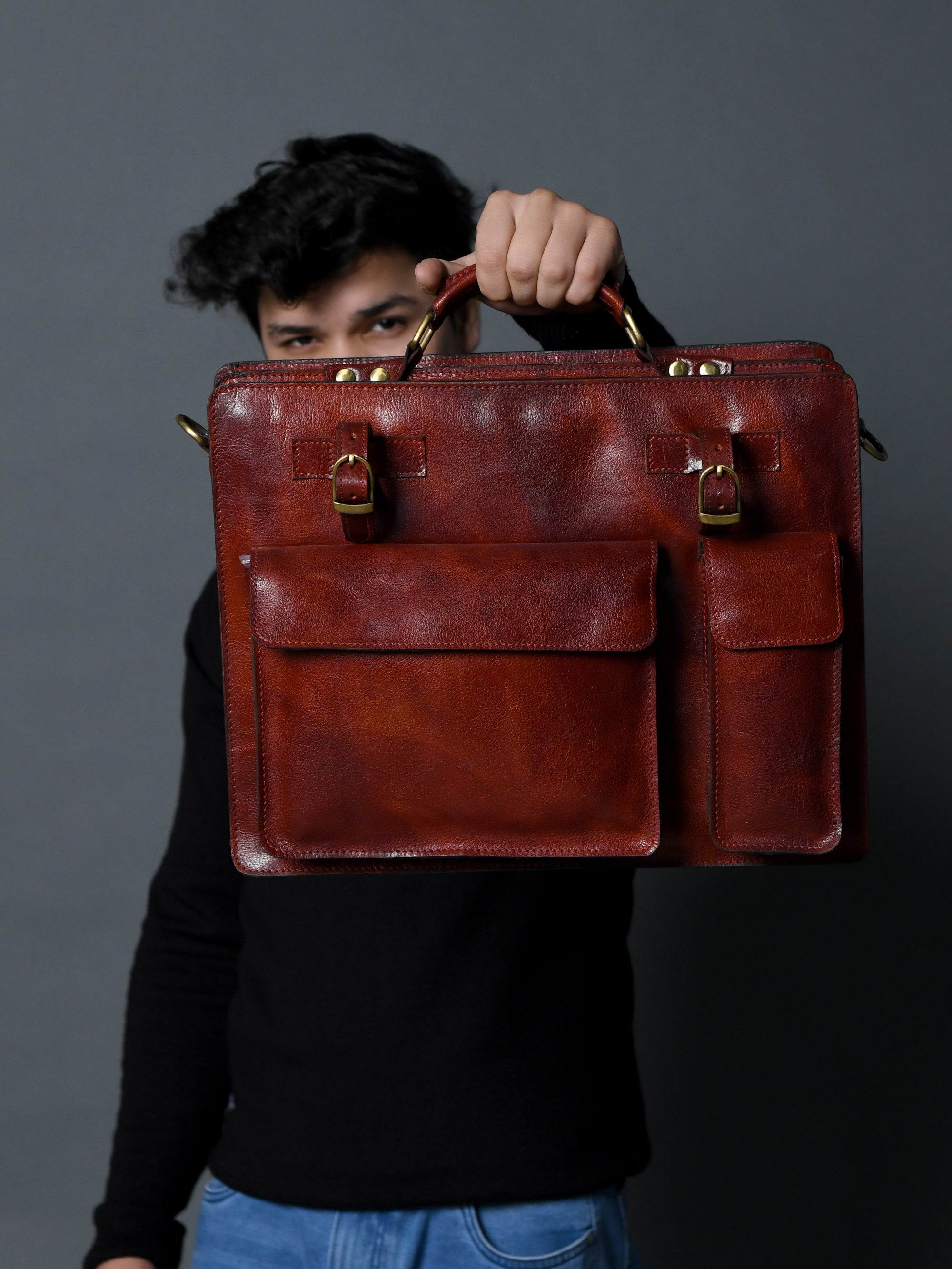 Leather Briefcase, Crossbody Bag Handcrafted with Grain Buffalo