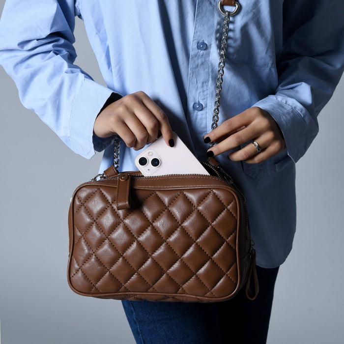 Mini Quilted Crossbody Bag, Rich Brown