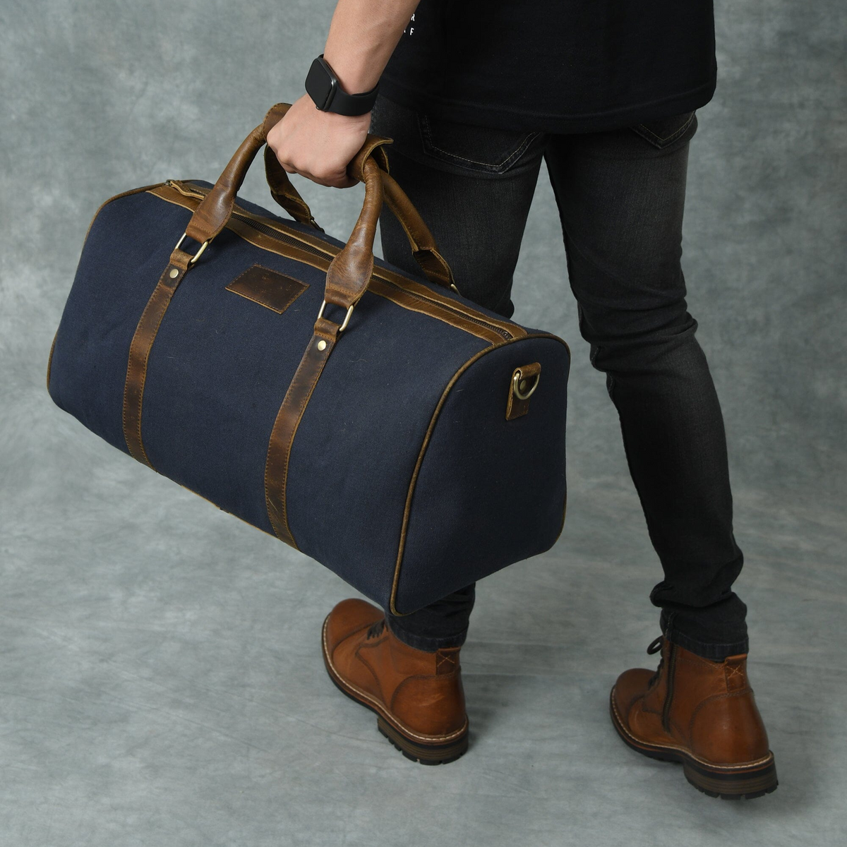 Blue Leather Canvas Duffle Bag | Men's Canvas Duffle Bag