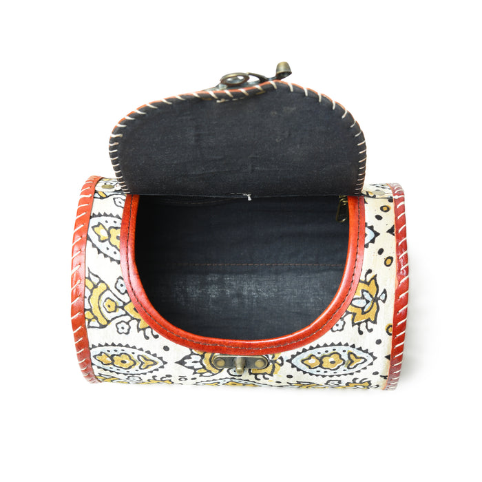 Cylindrical Block Printed Leather Bag