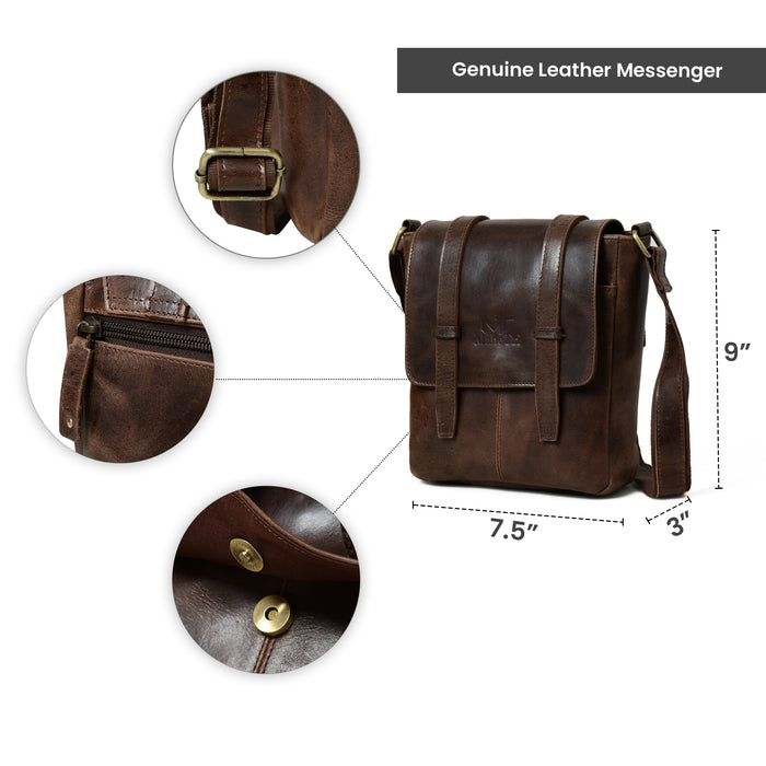 Black Leather Messenger Bag - Crossbody Shoulder Tote For Tablet Or IPad, Universal Fit