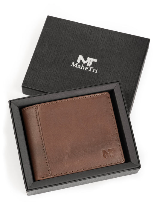 RFID Blocking Vintage Leather Bifold Wallet For Men - Brown, Center Flap Design