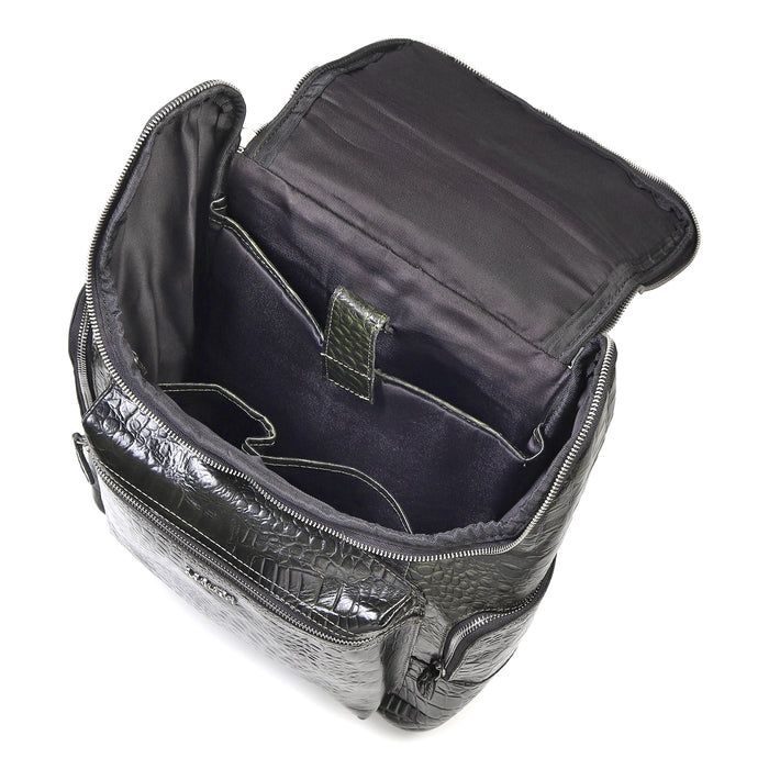 Crocodile Texture Leather Backpack, Dark Green