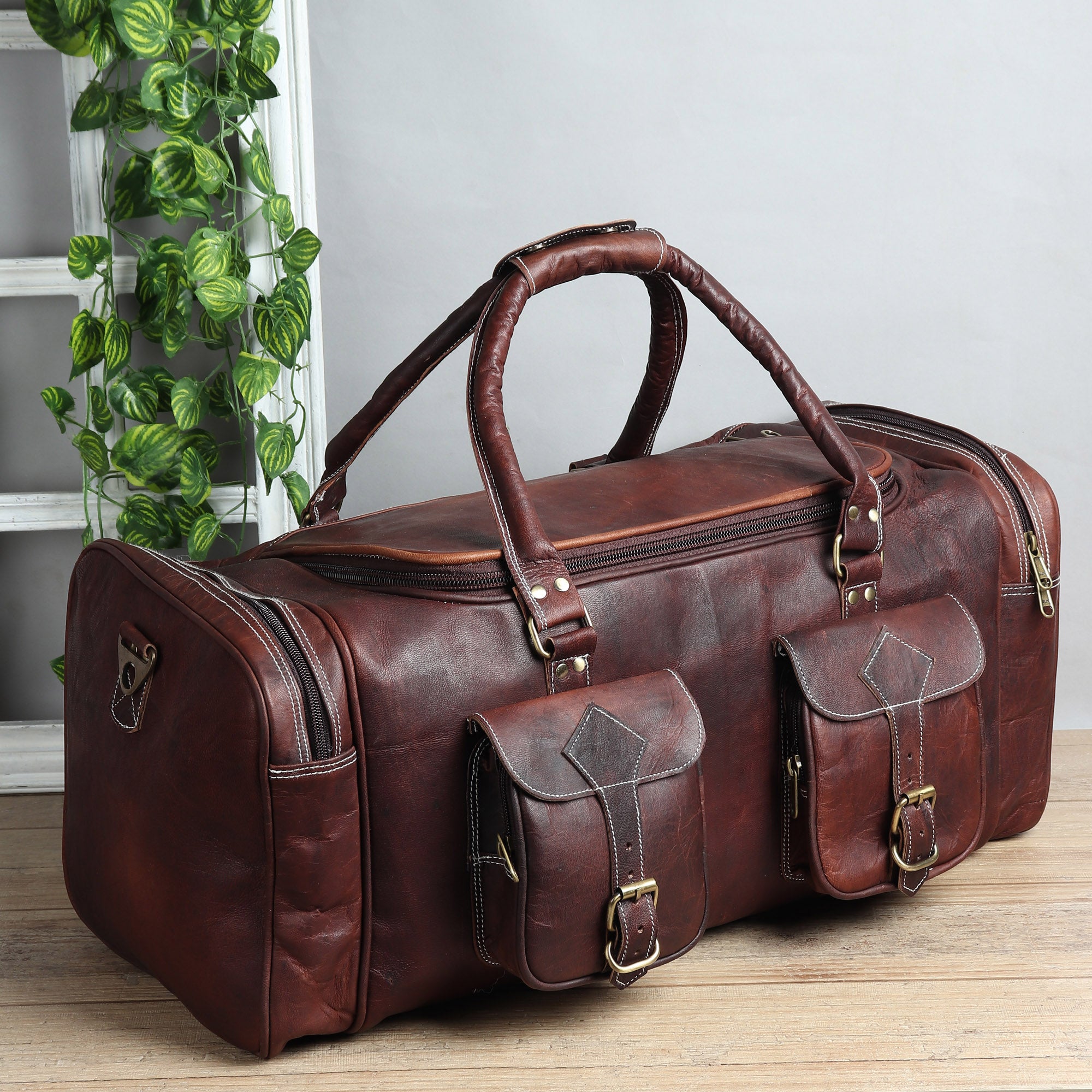 Genuine Full-grain Leather Vintage Dark Brown Traveller Duffle Bag