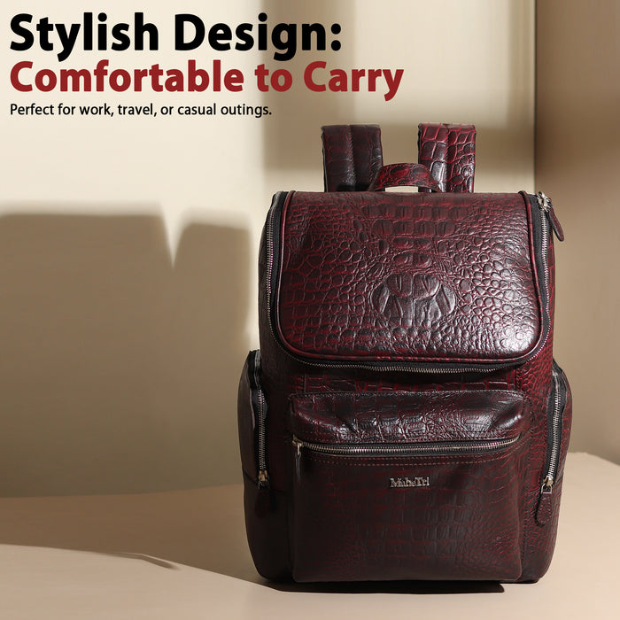 Regal Crocodile Texture Laptop Backpack, Pinkish Red