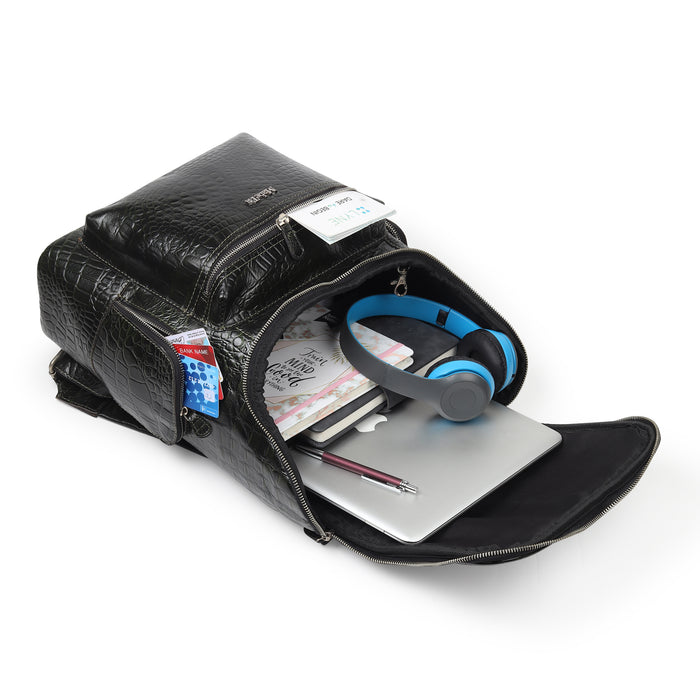 Crocodile Texture Leather Backpack, Dark Green