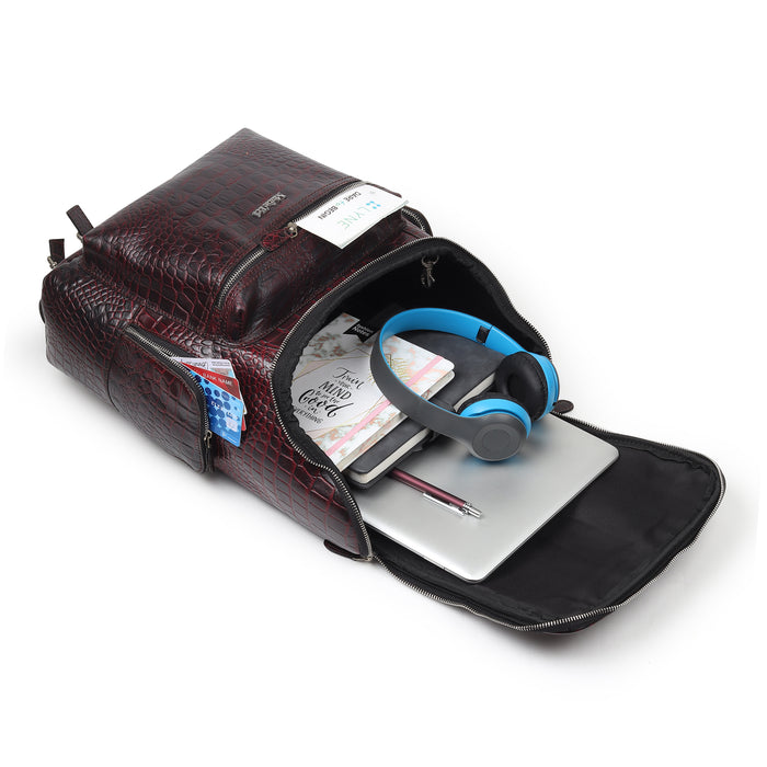 Regal Crocodile Texture Laptop Backpack, Pinkish Red