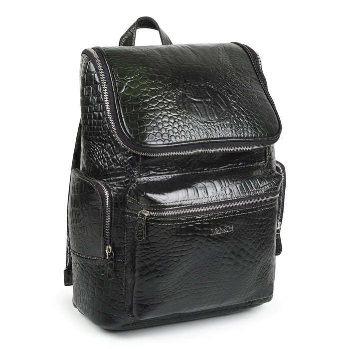Crocodile Texture Leather Backpack, Dark Green