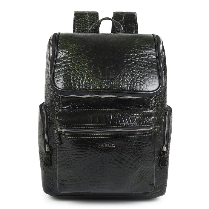 Crocodile Texture Leather Backpack, Dark Green
