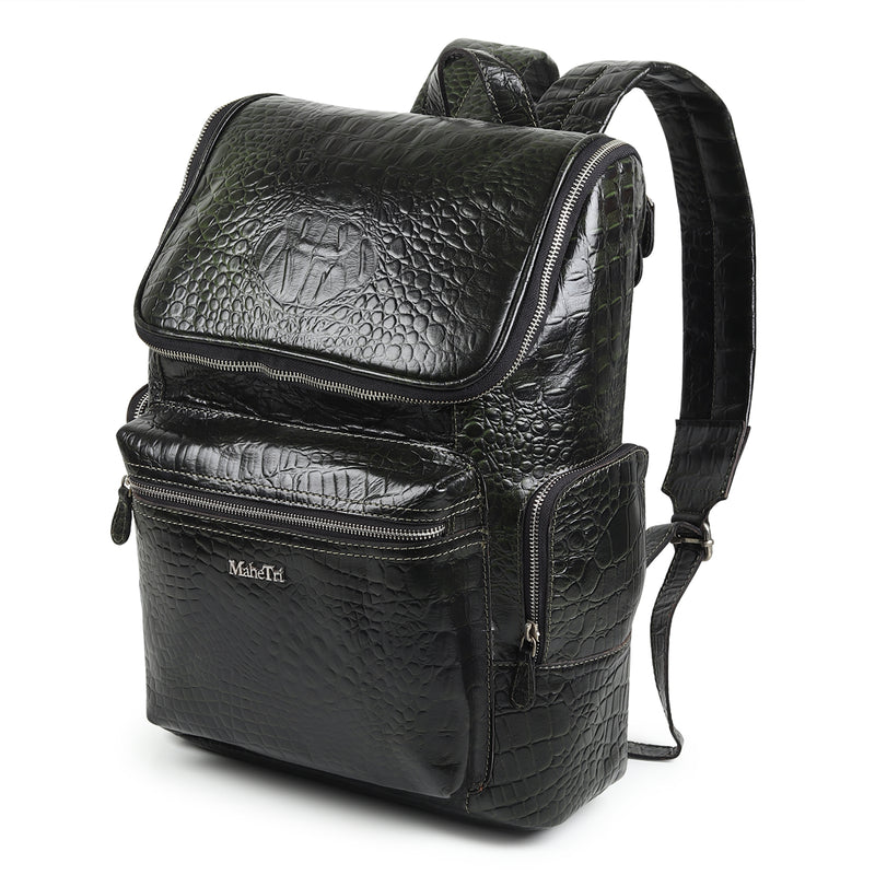campus backpack in croc embossed leather Crocodile Texture Leather Backpack, Dark Green