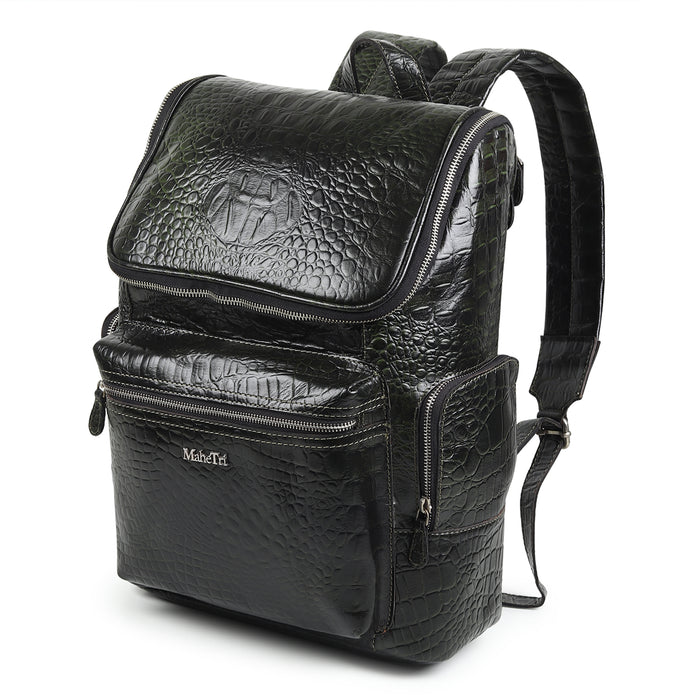 Crocodile Texture Leather Backpack, Dark Green