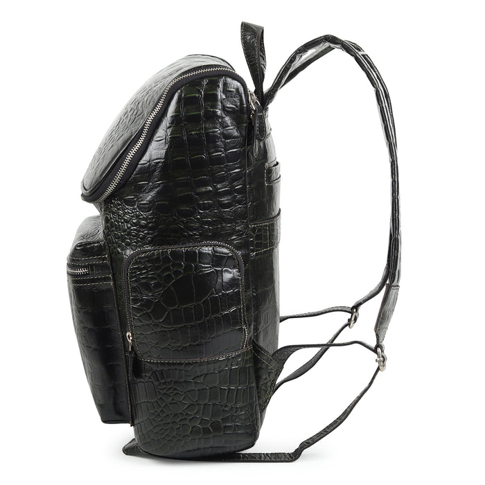 Crocodile Texture Leather Backpack, Dark Green