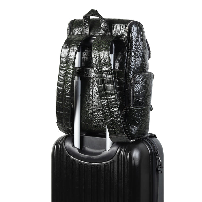 Crocodile Texture Leather Backpack, Dark Green