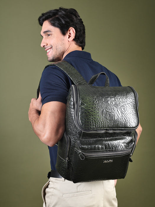 Crocodile Texture Leather Backpack, Dark Green