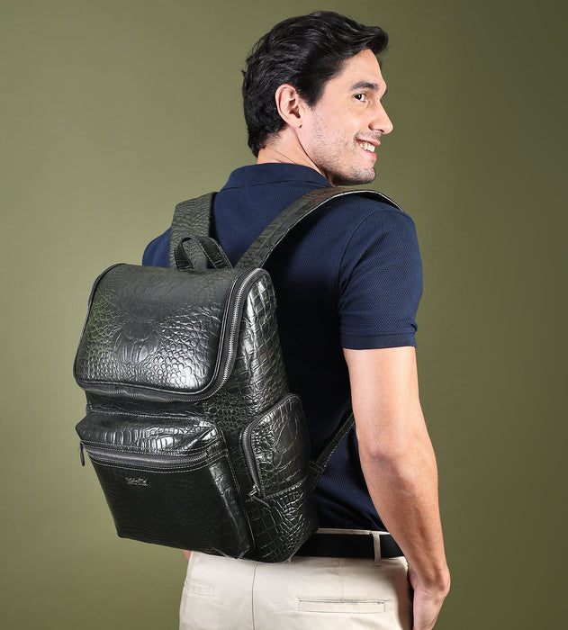 Crocodile Texture Leather Backpack, Dark Green