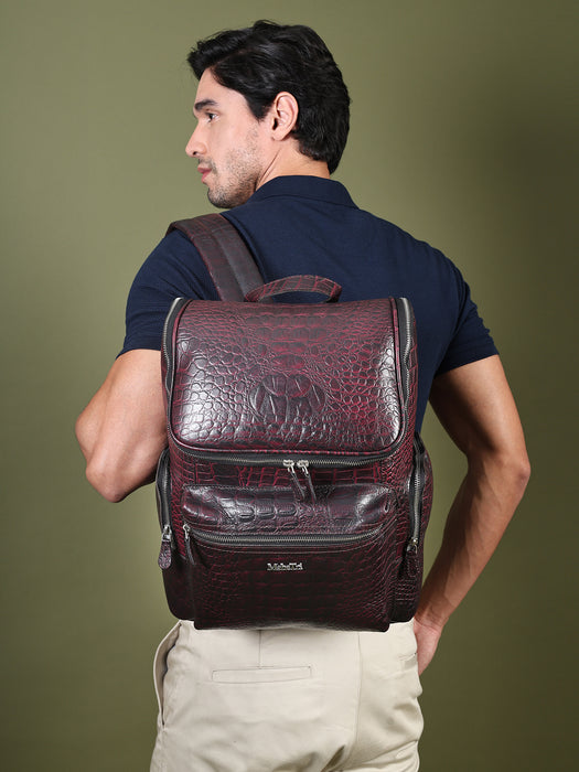 Regal Crocodile Texture Laptop Backpack, Pinkish Red