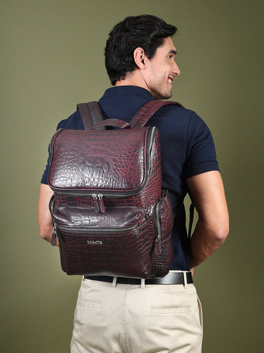 Regal Crocodile Texture Laptop Backpack, Pinkish Red