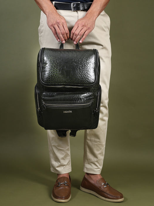 Crocodile Texture Leather Backpack, Dark Green