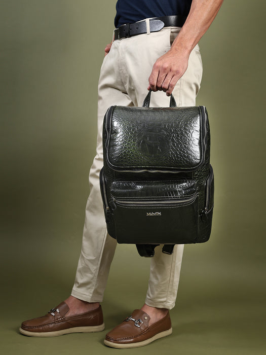 Crocodile Texture Leather Backpack, Dark Green