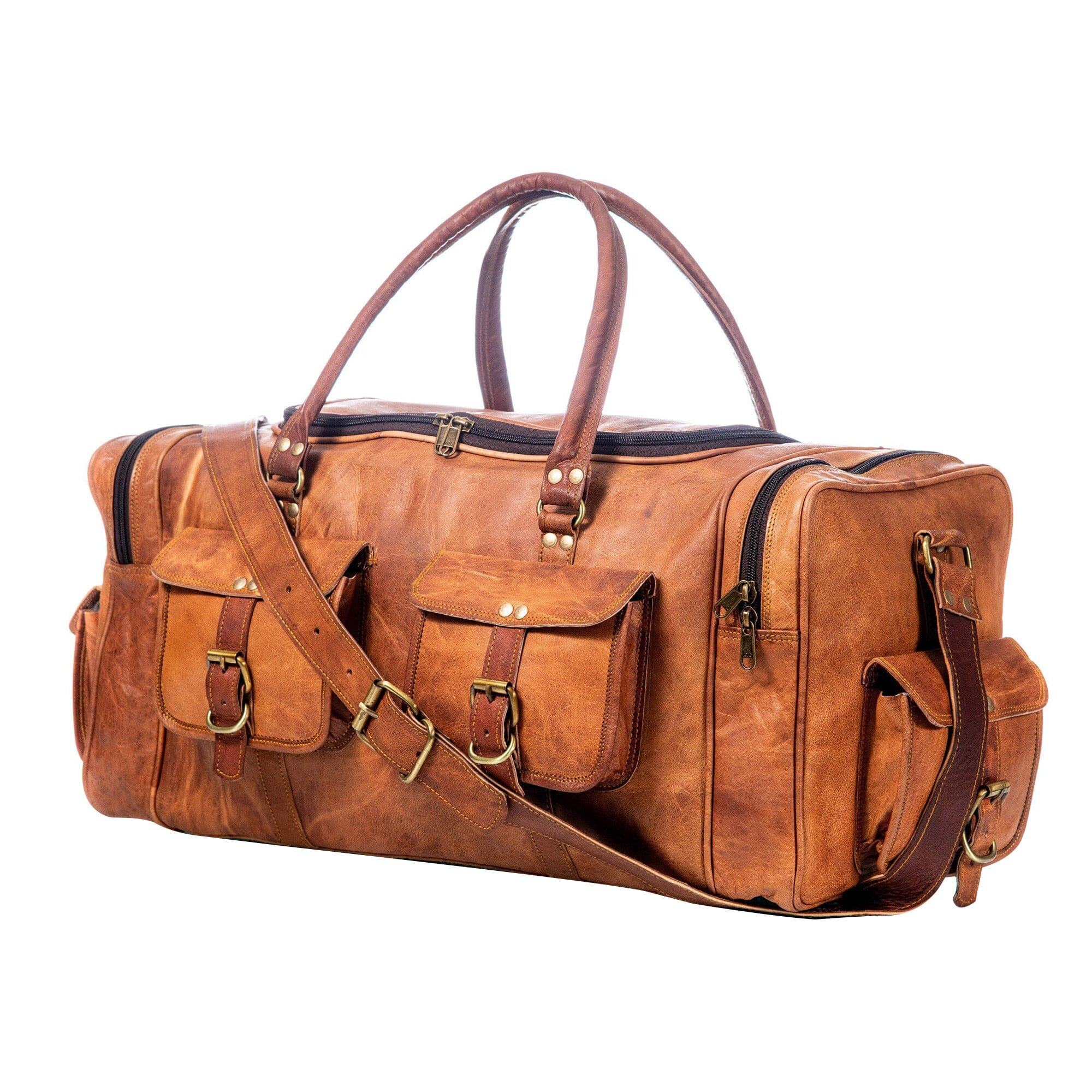 Genuine Goat Leather Travel Bag Gym Duffel Brown Duffle Men