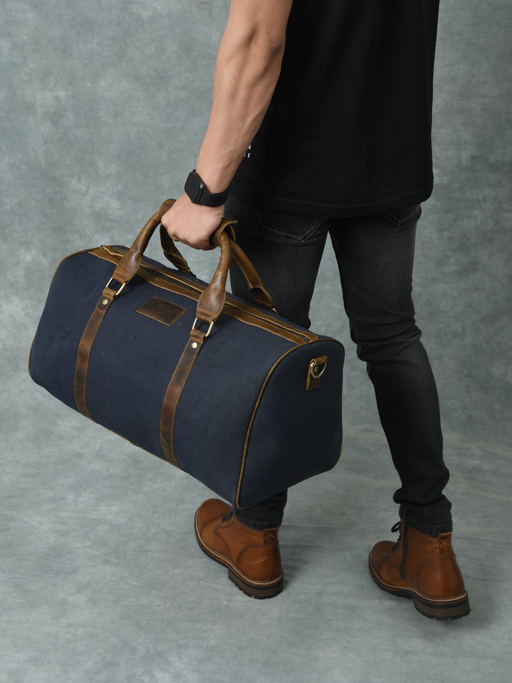 Blue Leather Canvas Duffle Bag | Men's Canvas Duffle Bag | Travel