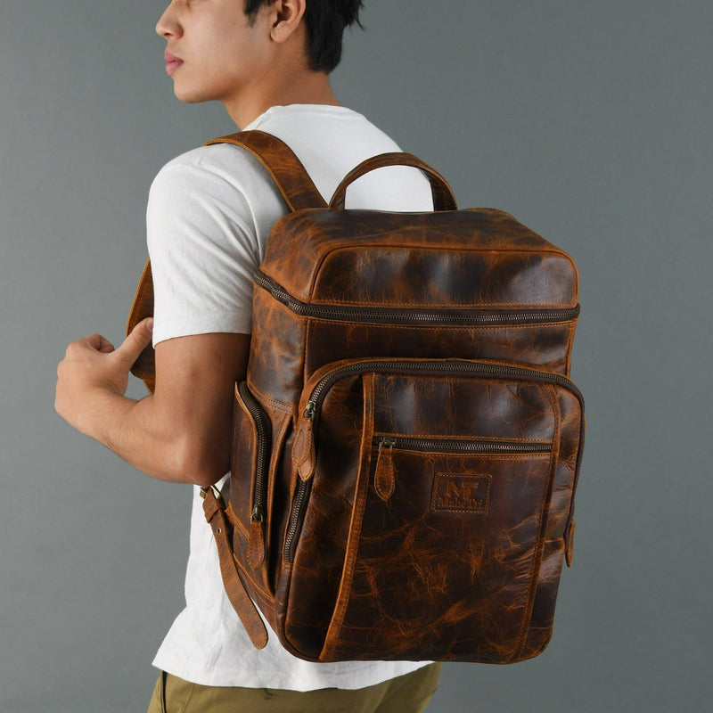 camel leather backpack mens Men's Small Pebble Grain Introducing the Minimalist Leather Laptop Backpack in Camel Men's Leather Rucksack - Rugged