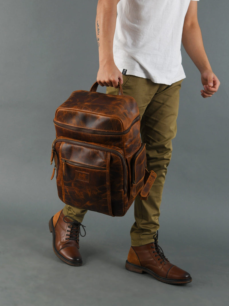 backpack with leather boot Premium Buffalo Leather Travel Backpack 16" Laptop Backpack Men — Classy Leather Bags