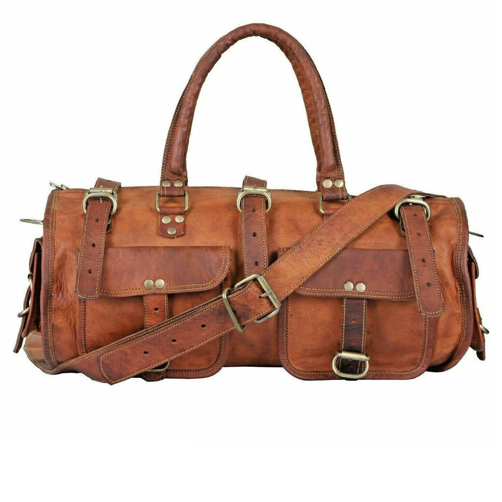 Sac De Voyage Vintage En Cuir Marron - Grand Duffel Weekend - Fabriqué Main