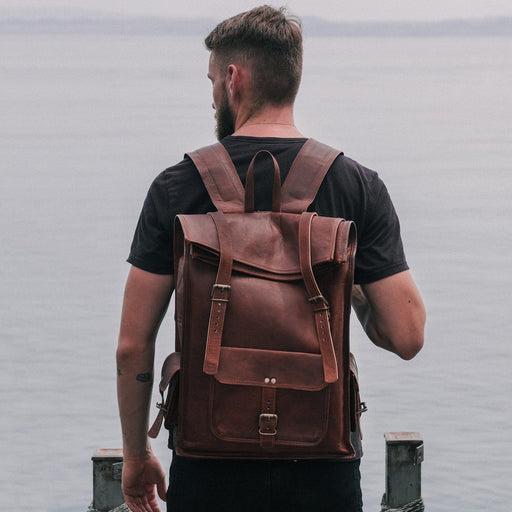 Handcrafted Roll Top Brown Leather Backpack for Men Women — Classy Leather Bags Handcrafted Roll Top Brown Leather Backpack for Men Women — Classy Leather Bags