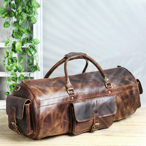 round leather duffle bag