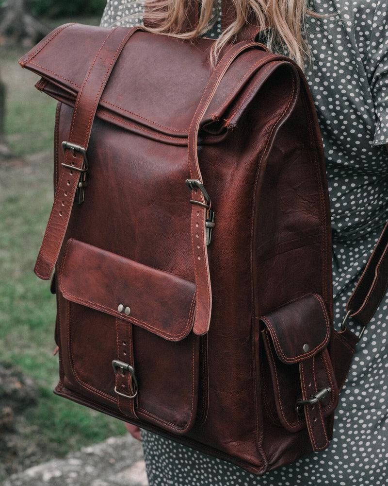 Handcrafted Roll Top Brown Leather Backpack for Men Women — Classy Leather Bags Handcrafted Roll Top Brown Leather Backpack for Men Women — Classy Leather Bags