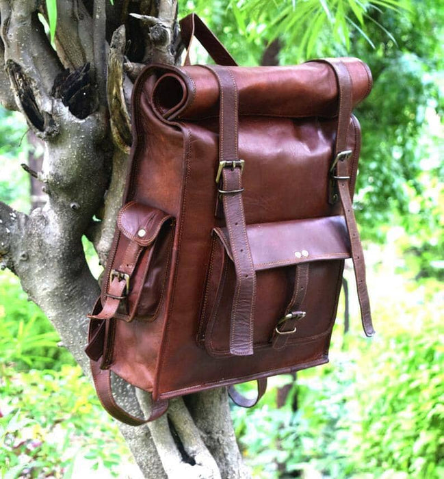 dropship leather backpack Handmade Small Rolltop - Brown a prominent front pocket Leather Backpack Poaba Backpack Amazon