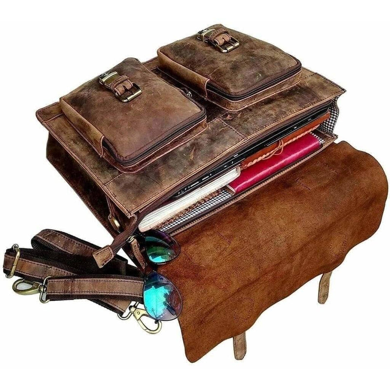 amerileather vintage hunter leather messenger bag backpack Retro Buffalo Hunter Leather Laptop Messenger Bag for Men & Women 16 Inch