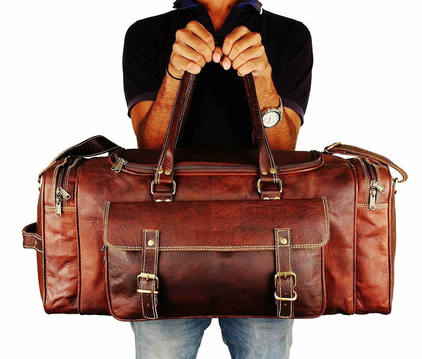 Men’s Gym Sports Overnight Weekender Bag Leather Travel Bags for Men Vintage Leather Duffle Bag Women Carry on Travel Holdall Bag 24 Inches